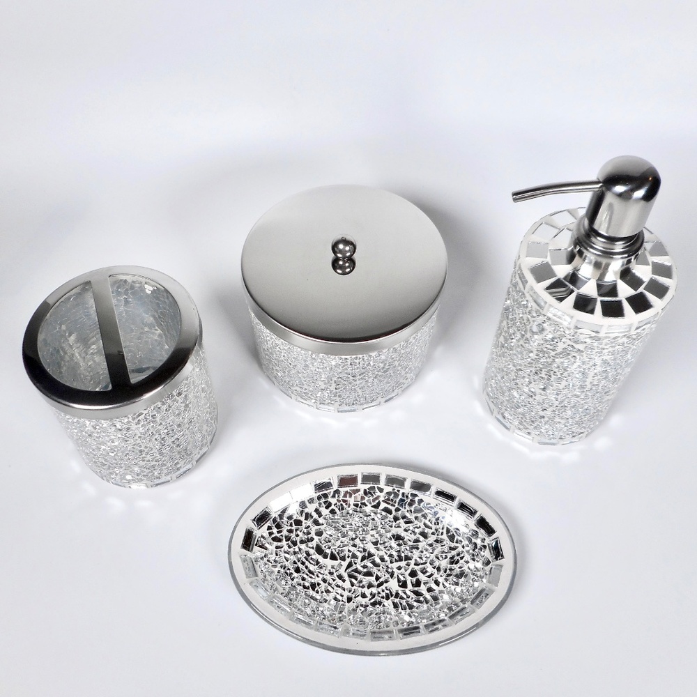 4 pc Mosiac Silver Mirror Glass Soap Dispenser Dish Jar Toothbrush Holder Bling